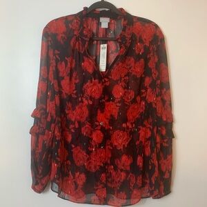 Chico's Vibrant Red & Black Floral Semi Sheer Blouse w/Silver Accents • 2 (US12)